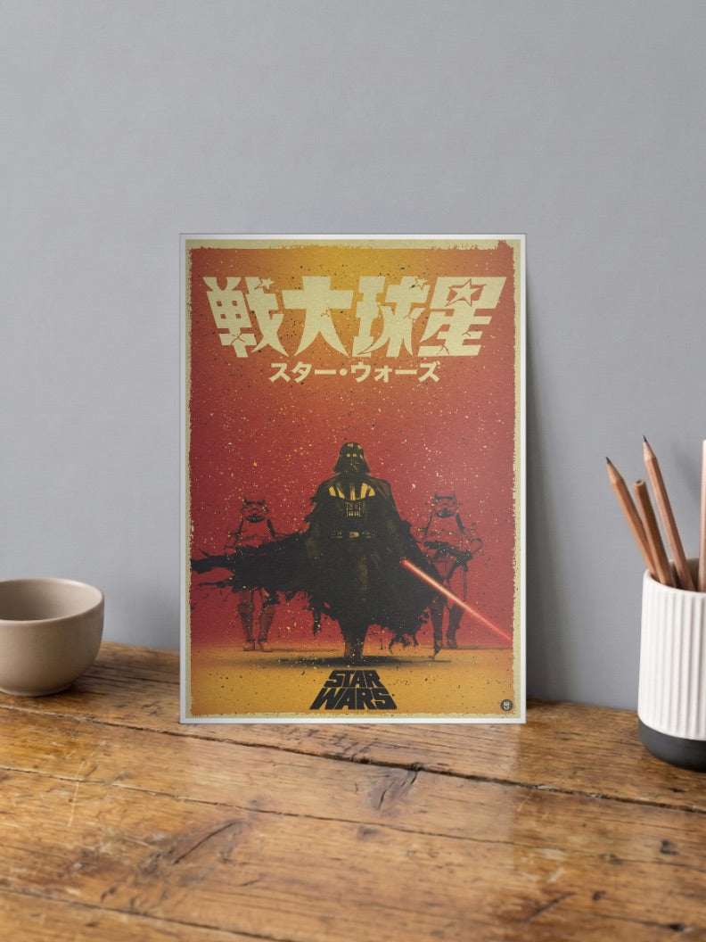 Darth Vader Stormtroopers Art Star Wars Poster shown in A4 size on a wooden desk