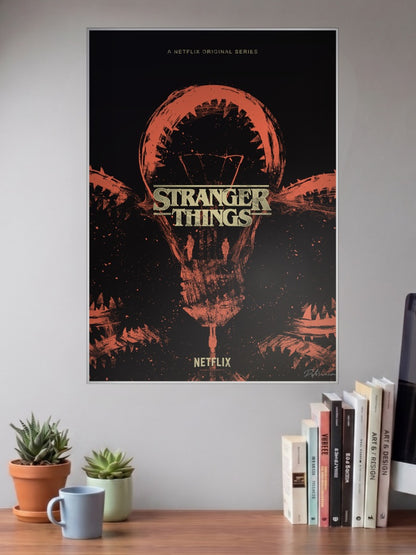 Stranger Things Demogorgon Jaw Netflix Poster shown in A3 size on a wall above a study desk