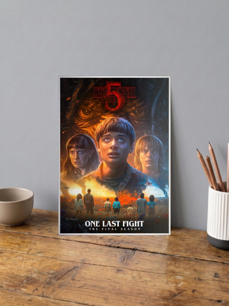 Stranger Things Final Season Netflix Poster shown in A4 size on a wooden desk