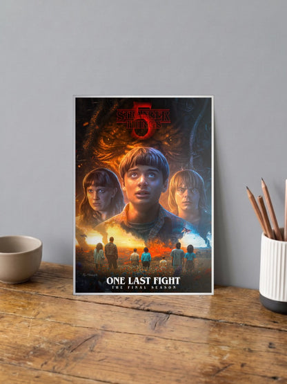 Stranger Things Final Season Netflix Poster shown in A4 size on a wooden desk