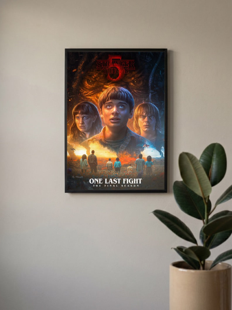 Stranger Things Final Season Netflix Poster in a black frame, mounted on a wall