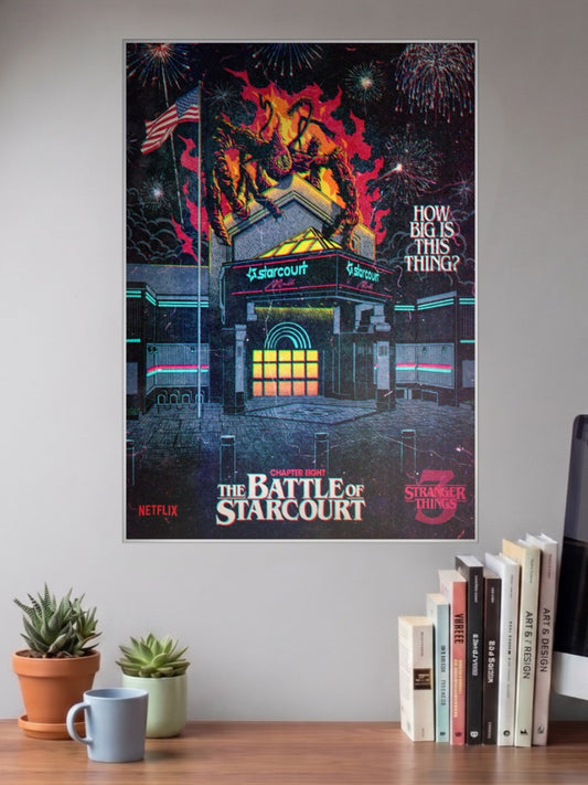 Battle Of Starcourt Poster Netflix Poster shown in A3 size on a wall above a study desk