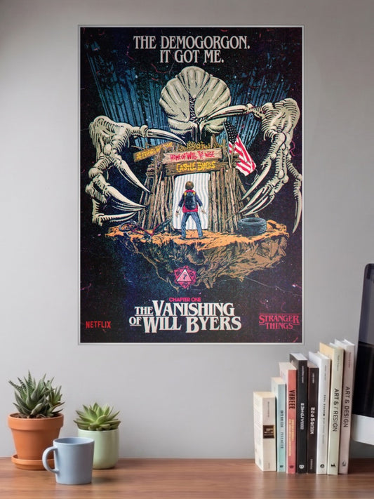 Vanishing Of Will Byers Poster Netflix Poster shown in A3 size on a wall above a study desk