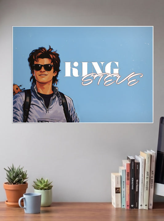 King Steve Movie Poster shown in A3 size on a wall above a study desk