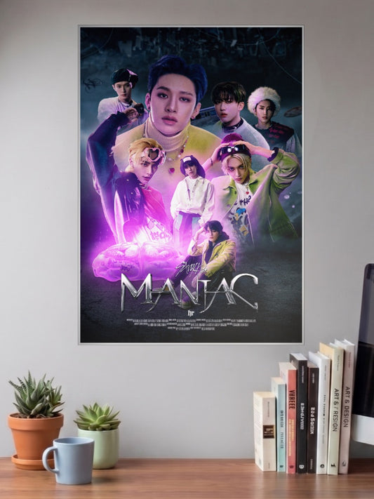 Stray Kids Maniac Poster Kpop Poster shown in A3 size on a wall above a study desk