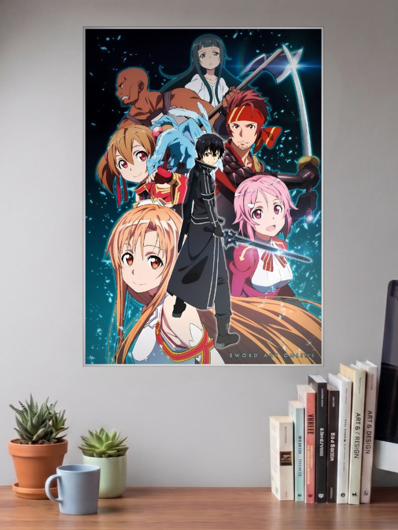 Sword Art Online Cast Poster Anime Poster shown in A3 size on a wall above a study desk