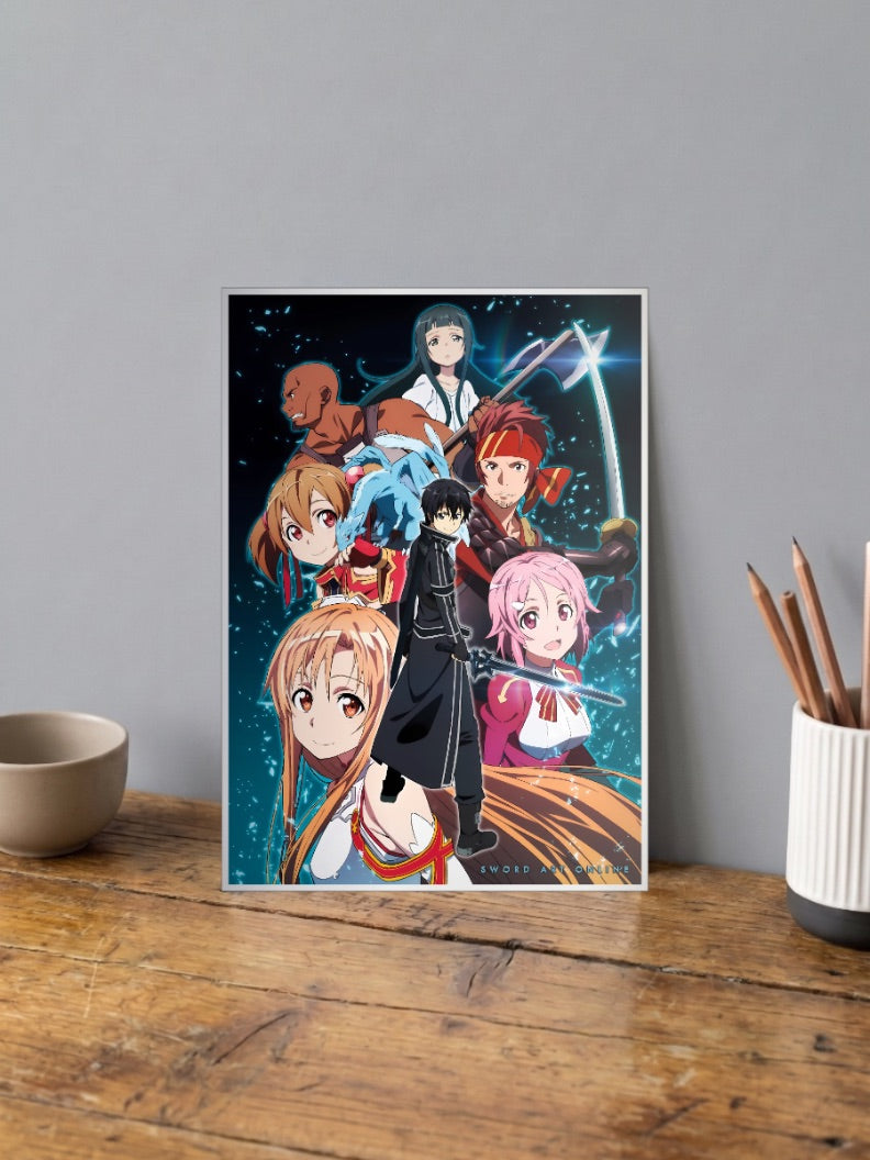 Sword Art Online Cast Poster Anime Poster shown in A4 size on a wooden desk