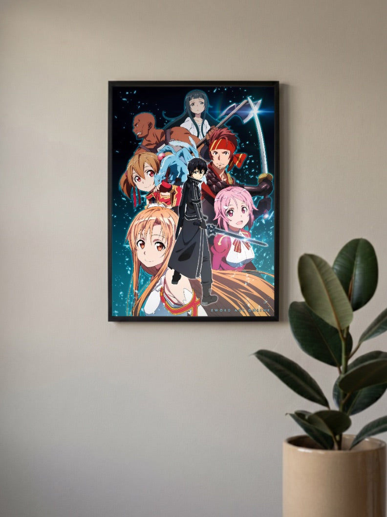 Sword Art Online Cast Poster Anime Poster in a black frame, mounted on a wall