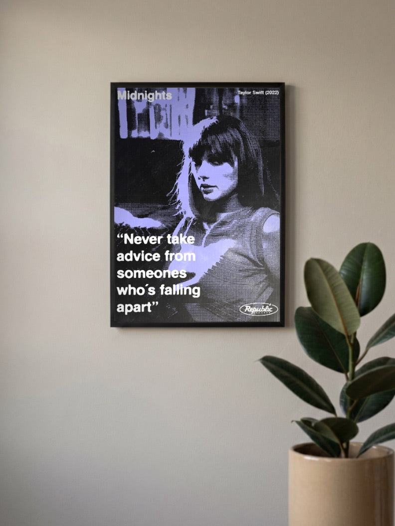 Taylor Swift Midnights Quote Singers Poster in a black frame, mounted on a wall
