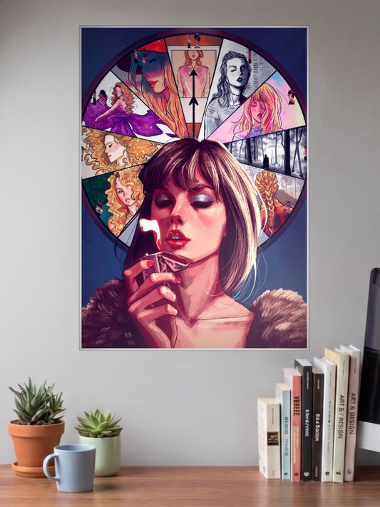 Taylor Swift Eras Circle Art Singers Poster shown in A3 size on a wall above a study desk
