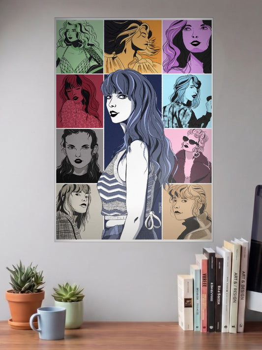 Taylor Swift Eras Grid Art Singers Poster shown in A3 size on a wall above a study desk