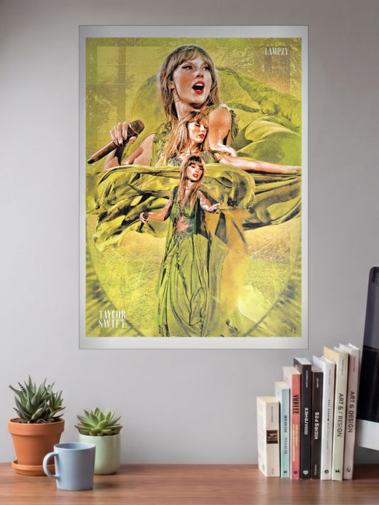 Taylor Swift Eras Tour Gold Singers Poster shown in A3 size on a wall above a study desk
