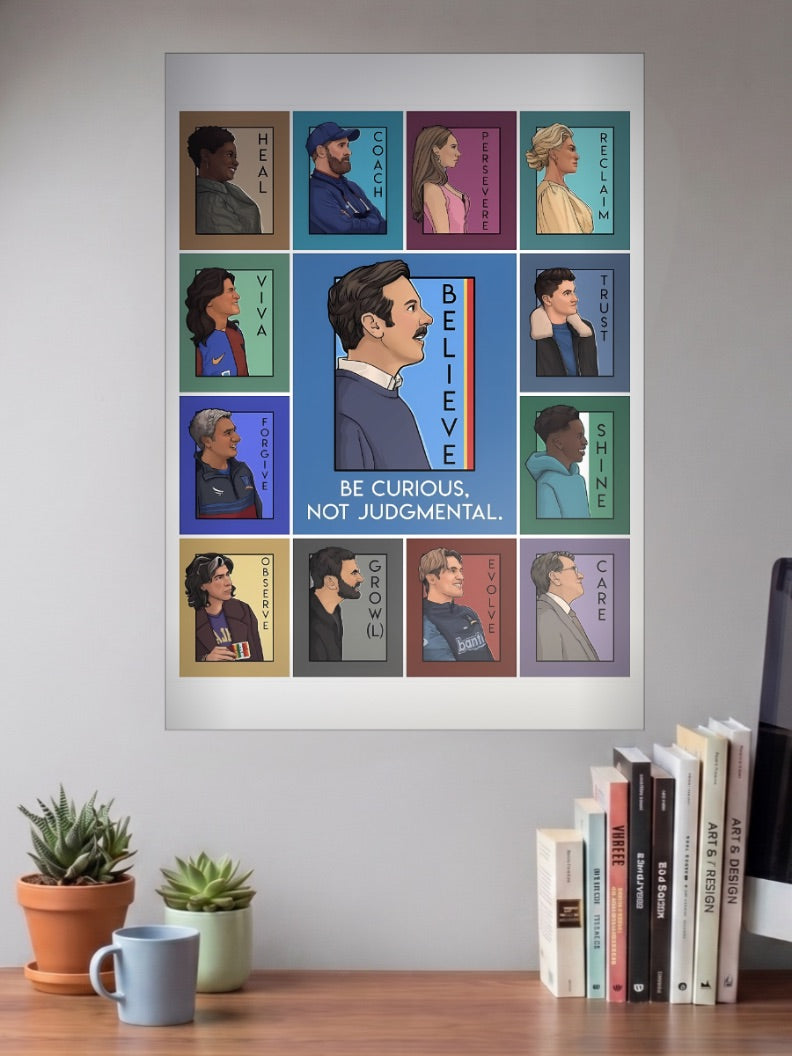 Ted Lasso Cast Grid Sitcom Poster shown in A3 size on a wall above a study desk