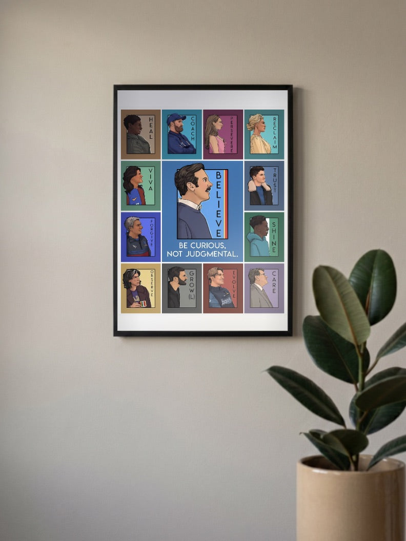 Ted Lasso Cast Grid Sitcom Poster in a black frame, mounted on a wall