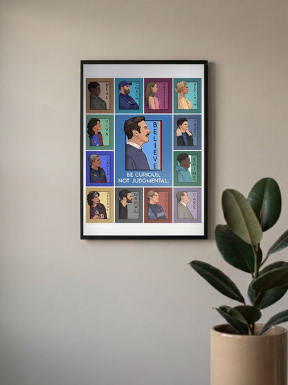 Ted Lasso Cast Grid Sitcom Poster in a black frame, mounted on a wall