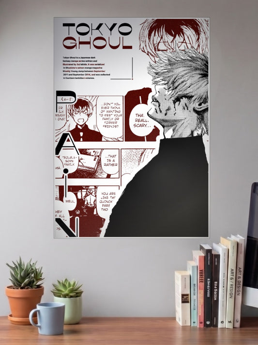 Tokyo Ghoul Manga Panel Art Anime Poster shown in A3 size on a wall above a study desk