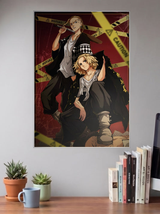 Draken And Mikey Anime Poster shown in A3 size on a wall above a study desk