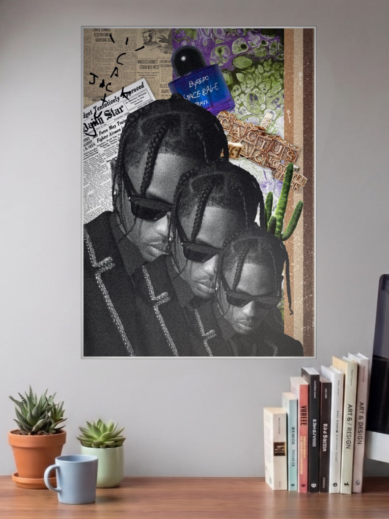 Travis Scott Collage Singers Poster shown in A3 size on a wall above a study desk