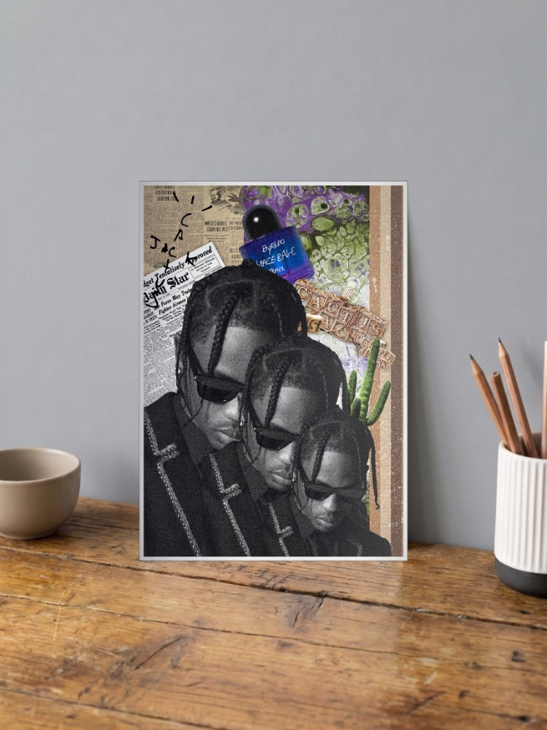 Travis Scott Collage Singers Poster shown in A4 size on a wooden desk