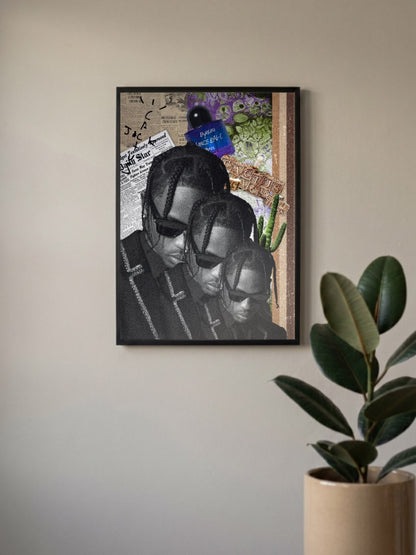 Travis Scott Collage Singers Poster in a black frame, mounted on a wall
