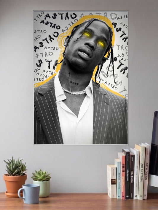 Travis Scott Astro Glowing Eyes Singers Poster shown in A3 size on a wall above a study desk