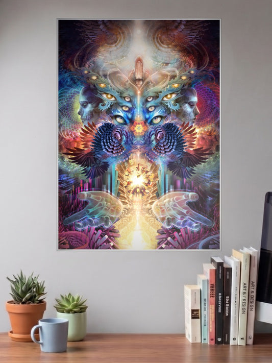 Psychedelic Eyes Skulls Art Abstract Poster shown in A3 size on a wall above a study desk