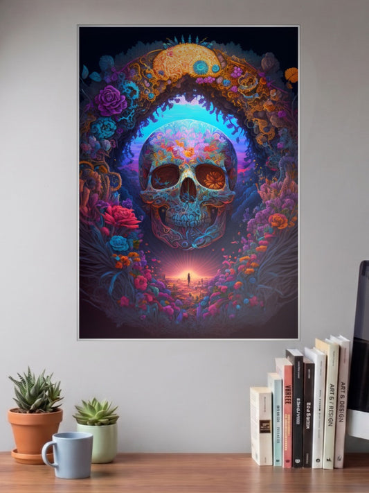 Floral Skull Archway Art Abstract Poster shown in A3 size on a wall above a study desk