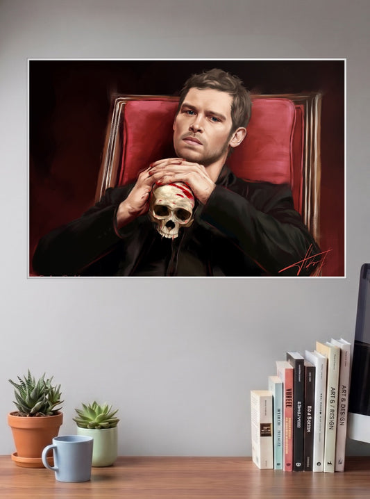 Klaus Vampire Diaries Netflix Poster shown in A3 size on a wall above a study desk