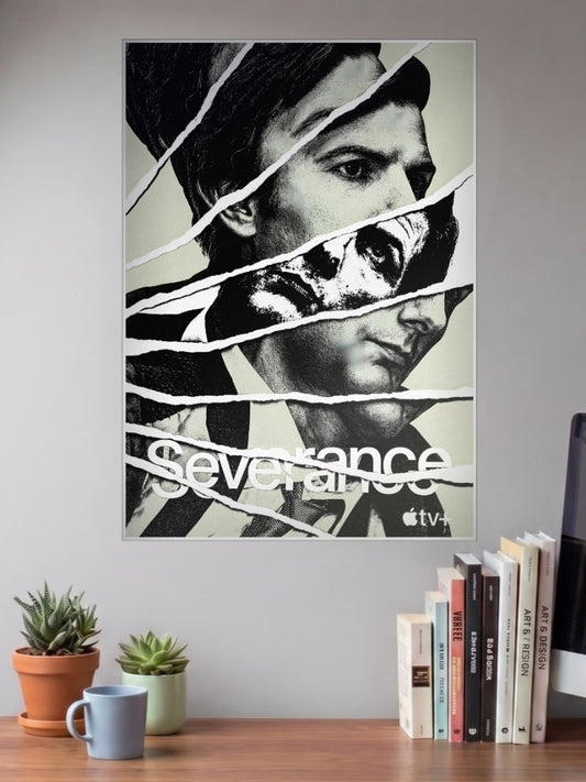 Severance Torn Paper American Poster shown in A3 size on a wall above a study desk