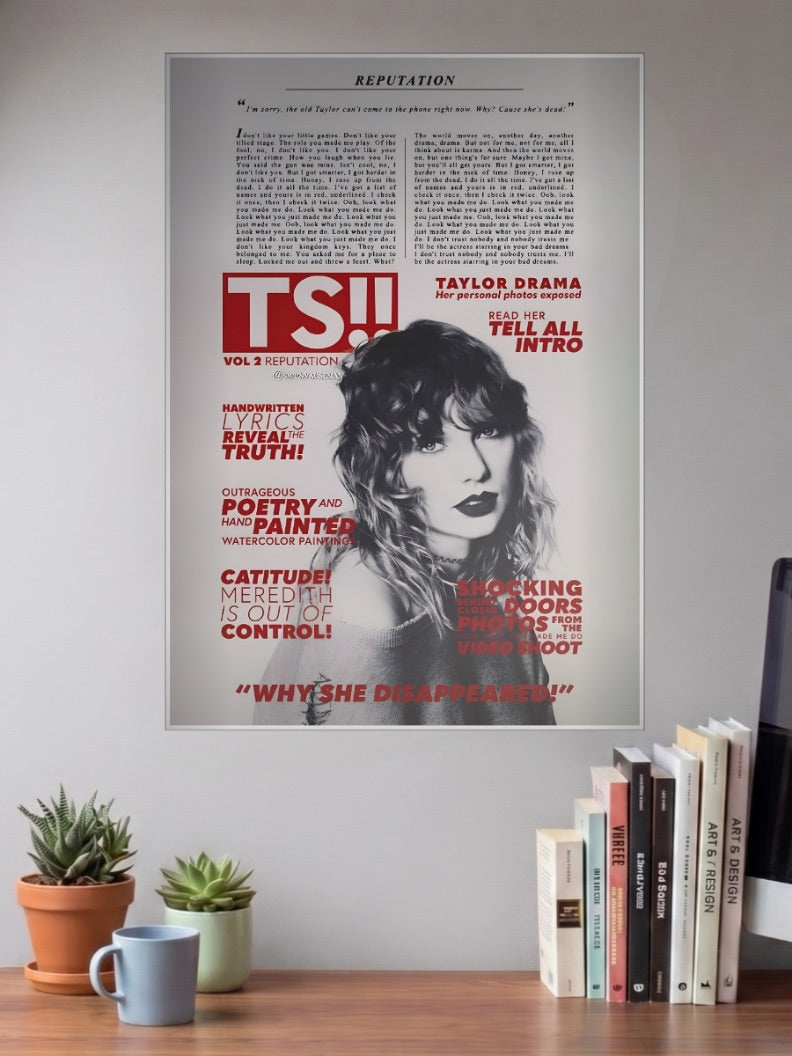 Taylor Swift Tabloid Parody Singers Poster shown in A3 size on a wall above a study desk