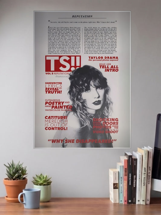 Taylor Swift Tabloid Parody Singers Poster shown in A3 size on a wall above a study desk