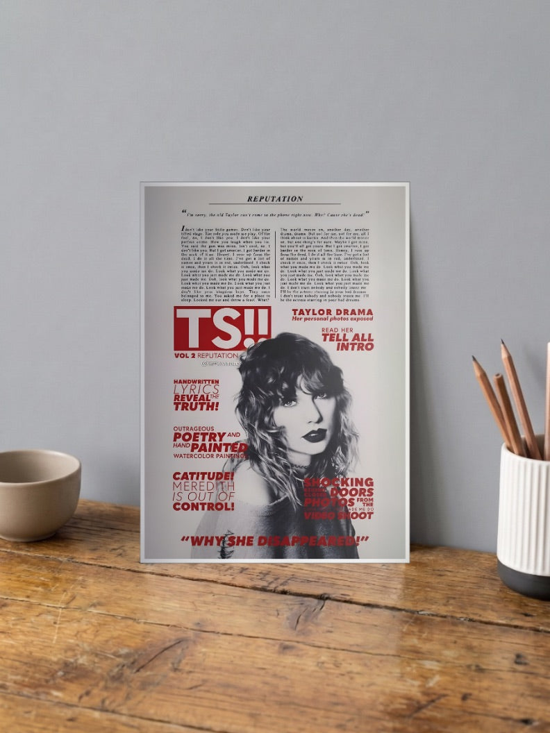 Taylor Swift Tabloid Parody Singers Poster shown in A4 size on a wooden desk