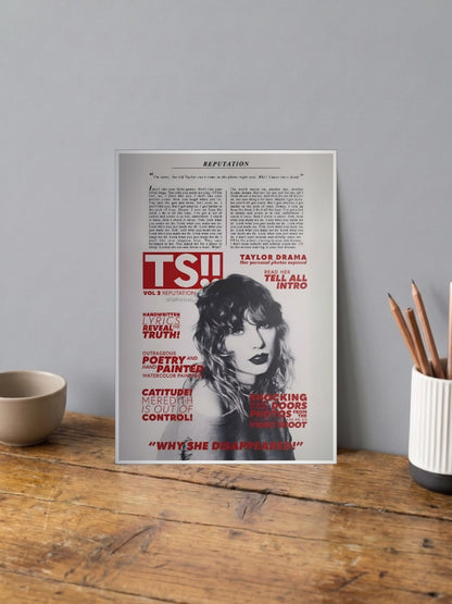 Taylor Swift Tabloid Parody Singers Poster shown in A4 size on a wooden desk