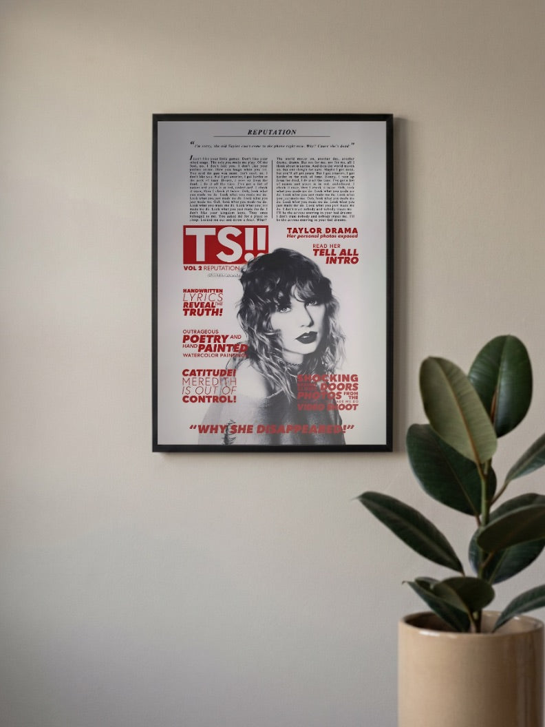 Taylor Swift Tabloid Parody Singers Poster in a black frame, mounted on a wall