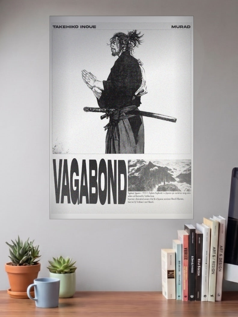Musashi Official Cover Anime Poster shown in A3 size on a wall above a study desk