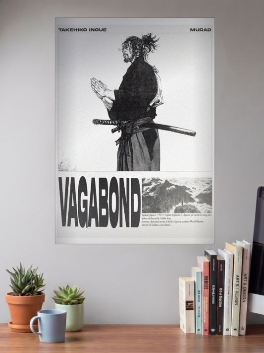 Musashi Official Cover Anime Poster shown in A3 size on a wall above a study desk
