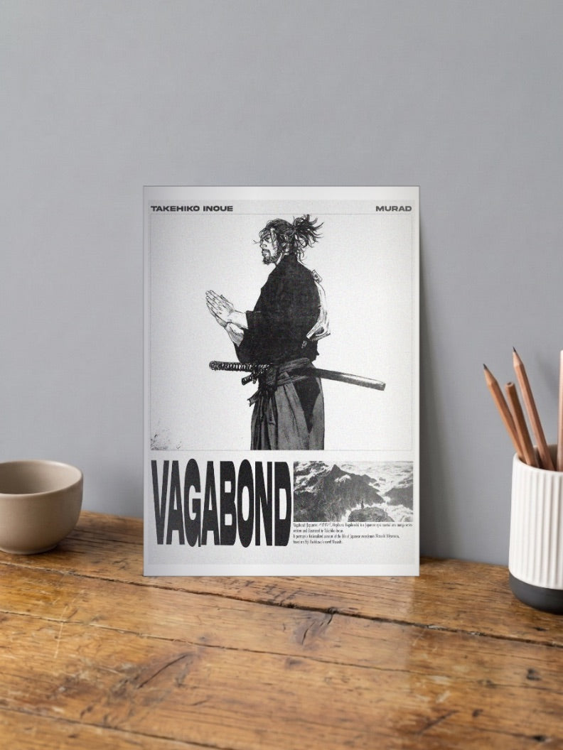 Musashi Official Cover Anime Poster shown in A4 size on a wooden desk