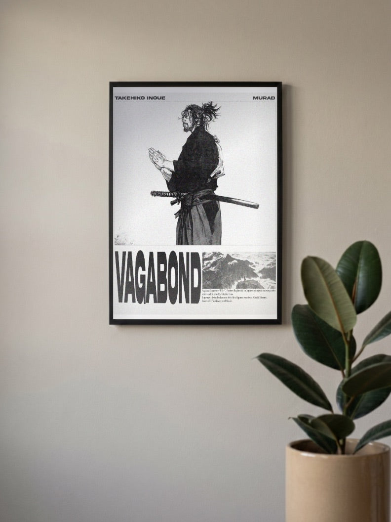 Musashi Official Cover Anime Poster in a black frame, mounted on a wall