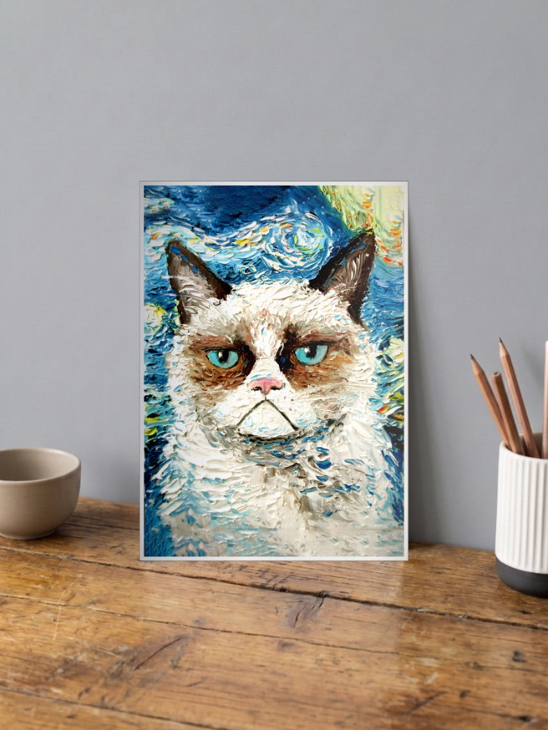 Grumpy Cat Starry Night Meme Poster