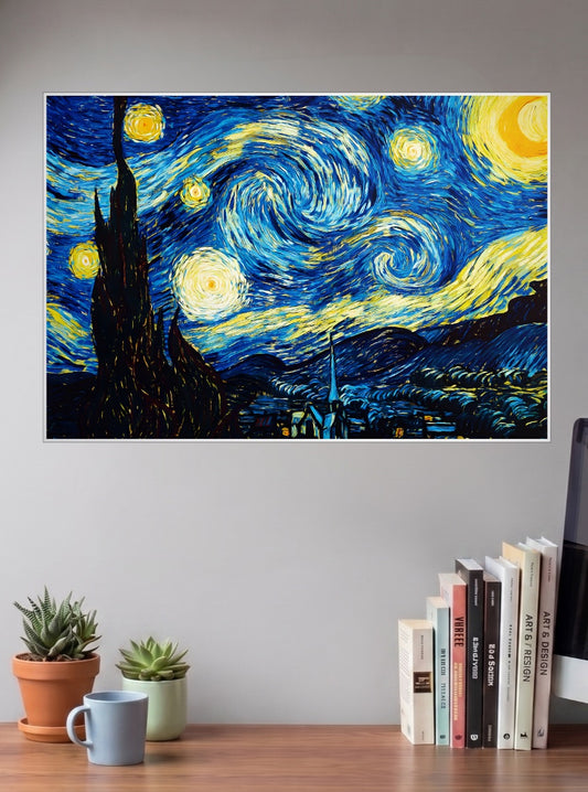 Starry Night Vintage Poster shown in A3 size on a wall above a study desk