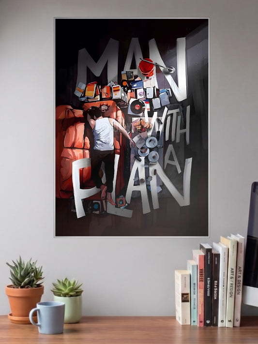 Man With A Plan Abstract Poster shown in A3 size on a wall above a study desk