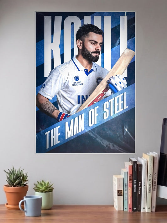 Virat Kohli Man Of Steel Cricket Poster shown in A3 size on a wall above a study desk