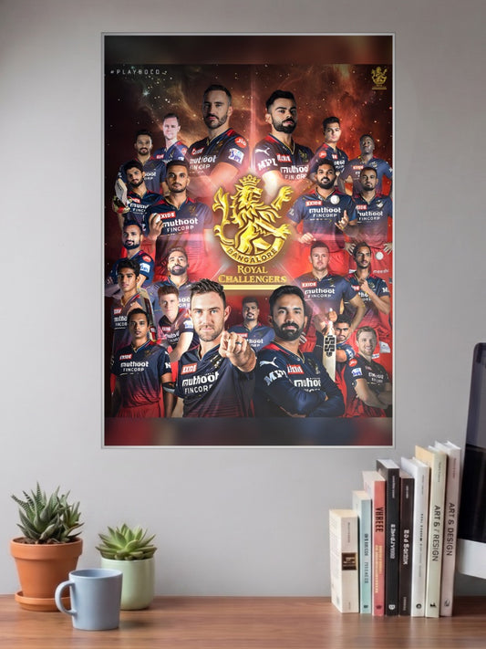 RCB Team Lineup IPL Poster shown in A3 size on a wall above a study desk