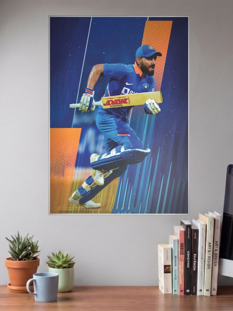 Virat Kohli Running Cricket Poster shown in A3 size on a wall above a study desk