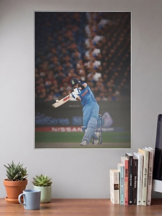Virat Kohli Batting Shot Cricket Poster shown in A3 size on a wall above a study desk
