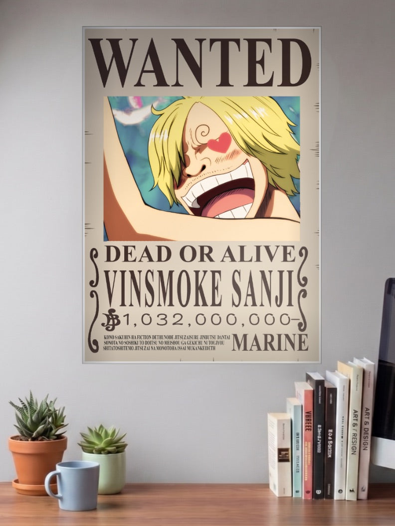 Vinsmoke Sanji Wanted Anime Poster shown in A3 size on a wall above a study desk