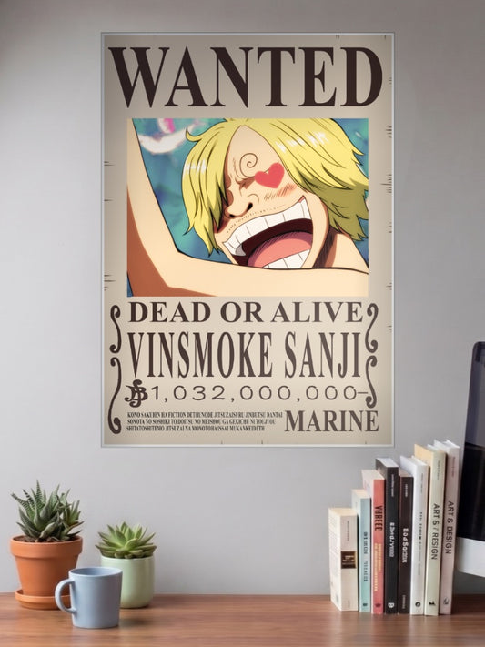 Vinsmoke Sanji Wanted Anime Poster shown in A3 size on a wall above a study desk