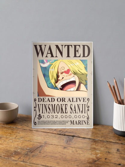 Vinsmoke Sanji Wanted Anime Poster shown in A4 size on a wooden desk
