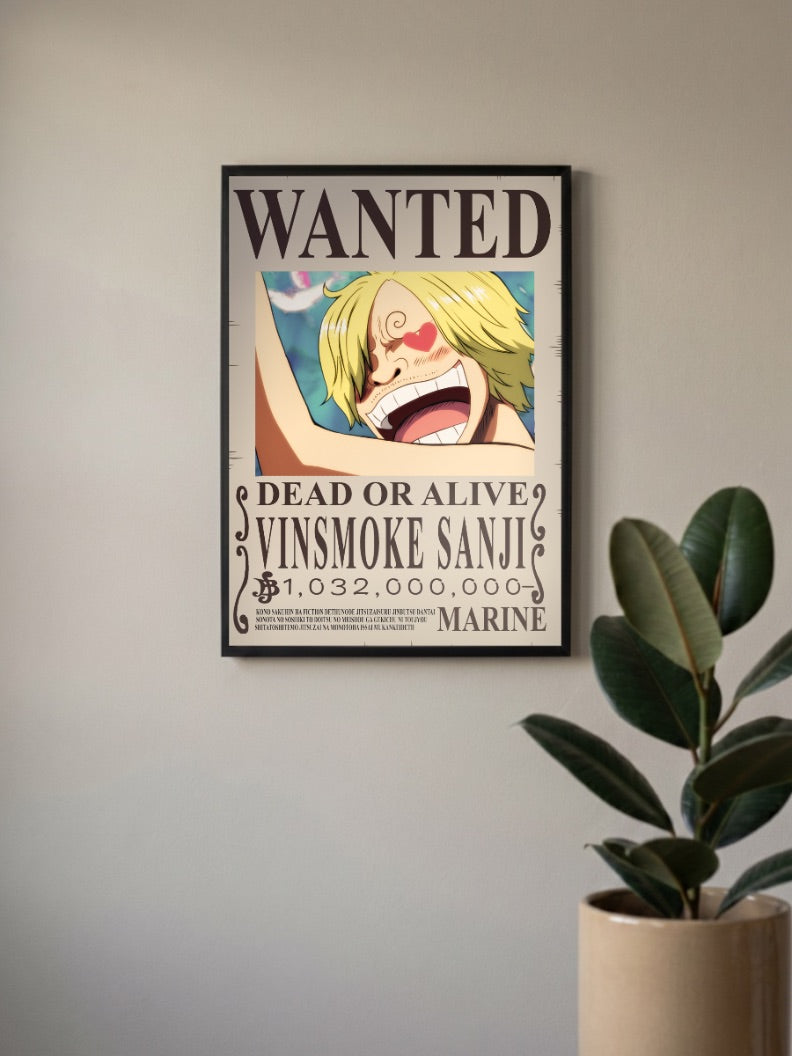 Vinsmoke Sanji Wanted Anime Poster in a black frame, mounted on a wall