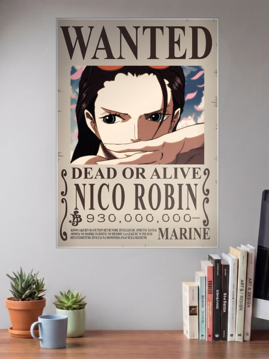 Nico Robin Wanted Anime Poster shown in A3 size on a wall above a study desk